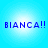 Four identical blue pixelated text 'BIANCA!!' icons arranged in a on a light blue gradient background