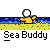 Pixelated animated icon shows a yellow figure with white head on beach, waving arms as waves crash behind it; text "Sea Buddy" appears below each frame.