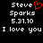Black background displays white pixelated text 'Steve Sparks 5.31.10 I love you' with a red heart symbol replacing the 'e' in 'Steve' on the left side.