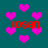 Teal background with scattered pink heart shapes and red pixelated text reading 'logan' in four locations.