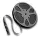 Black-and-white film-themed icon set with animated transitions between film reels, tripods, and vintage cameras against a gray background.