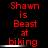 Red pixelated text on black background reads "Shawn is Beast at biking" with horizontal white blur effects across the middle of each frame.