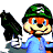 Pixelated cartoon character with orange face and blue shirt holding black object against gray background, next to green text reading Original Icons .com