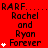 Red background displays repeated text "RAF... Rachel and Ryan Forever" with white star icons appearing in sequence across three