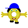A yellow donut-shaped character with green eyes, red mouth, blue cap, black hair, and black shoes stands against a gray background.