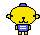 A 6-frame pixel art animation of a yellow cartoon character with blue accents in various poses on a gray background.