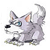 Pixelated gray wolf-like creature with blue eyes and pink inner ears, shown in four sequential poses on white background.
