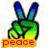Green hand making peace sign with blue-tipped fingers, yellow-to-green gradient palm, red 'peace' text on orange background.