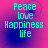 Pixelated cyan text reading Peace Love Happiness Life on a pink-to-purple gradient background with subtle circular patterns.