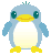 Pixelated cartoon penguin icon with two animation frames showing static and waving poses on gray background