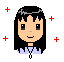 Pixel art avatar with black hair and light blue top, surrounded by red heart or star symbols on gray background.