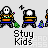 Pixel art character with white skull face, orange shirt, blue pants, green bag, and blue bottle, shown in multiple poses with text labels.