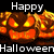 Pixelated Halloween-themed icon with 'Happy' text above a smiling jack-o'-lantern face and 'Halloween' text below, all on black background.