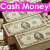 Stacks of US dollar bills with overlaid text in pink, blue, and red banners.