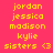 Yellow pixelated text lists names and 'sisters' with a heart symbol on alternating red and blue backgrounds.