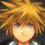 Pixelated anime-style character with spiky blonde hair and blue eyes, wearing a light-colored shirt with dark collar accents.