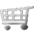 A grayscale shopping cart icon with two wheels, a handlebar, and an empty basket area rendered in pixelated style on solid gray background.