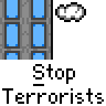 Animated contact sheet showing 18 frames of a pixel art animation with repeated text "Stop Terrorists" and various objects including buildings, airplanes, missiles, stick figures, and explosions on a gray background.