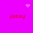 A bright pink background features four red 'jossy' text labels arranged in a , with white pixelated heart and starburst symbols at top center and top right