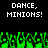 Pixelated green figures dance beneath repeated text on a black background.