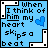 Pixelated blue square with black text reading 'When I think of him my heart skips a beat' and a small blue pixelated heart on the right side.