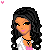 Animated contact sheet showing a cartoon woman with long black hair in various poses and outfits, including white top with pink accents, silver jacket, pink pants, and pink dress, alongside repeated text elements.