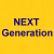 Yellow background with blue text 'NEXT Generation' and four quadrants showing two children in various color treatments.