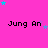 A static image with a bright pink background featuring repeated text "Jung An" in black pixelated font, scattered cyan and purple stars.