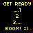 Yellow pixelated text on black background cycles through countdown numbers and 'BOOM! =)' with red dots scattered across the frame.
