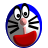 Pixelated circular icon with blue border showing Doraemon's face: large white eyes with black pupils, pink nose, red mouth, black whiskers, gray cheeks, white forehead, and blue outline.