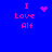 Blue background with pink pixelated text 'I Love Alf' and four distinct animated symbols above the text in a