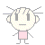 Pixelated character with white hair, gray eyes, and pink torso; left side shows neutral expression, right side shows smiling mouth.
