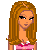 Pixel art contact sheet showing multiple frames of a cartoon female character with long brown hair, pink striped top, and blue jeans alongside text phrases in pink font.
