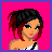 Pixelated character with dark red-tipped hair, black and white striped top, and blue jeans against bright pink background.