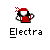Pixel art character in red outfit with white accents and black hair, holding a small object, under the text 'Electra' on gray background.