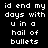 Black background with white pixelated text reading "id end my days with u in a hail of bullets" arranged in five lines.
