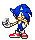 Pixelated blue hedgehog character with red shoes and white gloves holds a gray diamond-shaped object in various hand positions