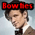 A four- shows a person in a brown suit with a black bow tie, with text overlays changing