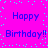 Pixelated text 'Happy Birthday!!' repeated twice on a bright pink background with scattered cyan dots.
