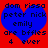 Red background with blue heart shape containing black pixelated text listing names and phrases.