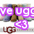 Animated icon with purple text overlays and a <3 symbol, showing two distinct background scenes. The first scene features UGG boots on a white surface; the second shows a person in dark clothing against a gray backdrop.
