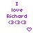 Purple pixelated text reads "I love Richard <3<3<3" with a small heart icon below, displayed in two identical static frames.