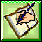 Pixelated diamond-shaped icon with brown border showing hand holding blue pen writing on paper, green checkered top edge and green bottom frame.