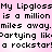 Pixelated text on pink background reads 'My Lipgloss is a million is a million miles away.miles away. Partying like a rockstar!a rockstar!' with repeated text and a typo in 'Partying'