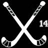 Black and white pixelated icon featuring two crossed hockey sticks with the number 14 in white text on a black background.