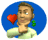 A circular blue background features a person in a light green shirt with a red heart and green dollar sign symbol in various positions across frames.