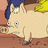 Pixelated image of a light beige pig with blue hair and yellow clothing, standing on brown ground, next to yellow text reading "Spider Pig!" and "Does Whatever A Spider Pig Does!".