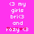 Pixelated text on bright pink background with white and red elements, showing 'my girls brie and pozy' in stylized font.