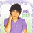 Pixelated image of a person with dark hair wearing a purple shirt, holding a phone to their ear against a light background with purple and green accents.