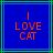 Blue background with green lines, orange text reading 'I LOVE CAT' in pixelated font across two